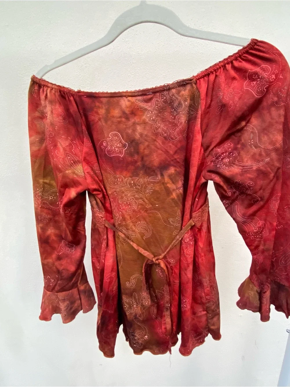 Y2K Red Paisley Babydoll Off Shoulder Tie Back Blouse Size Medium - Picture 5 of 8